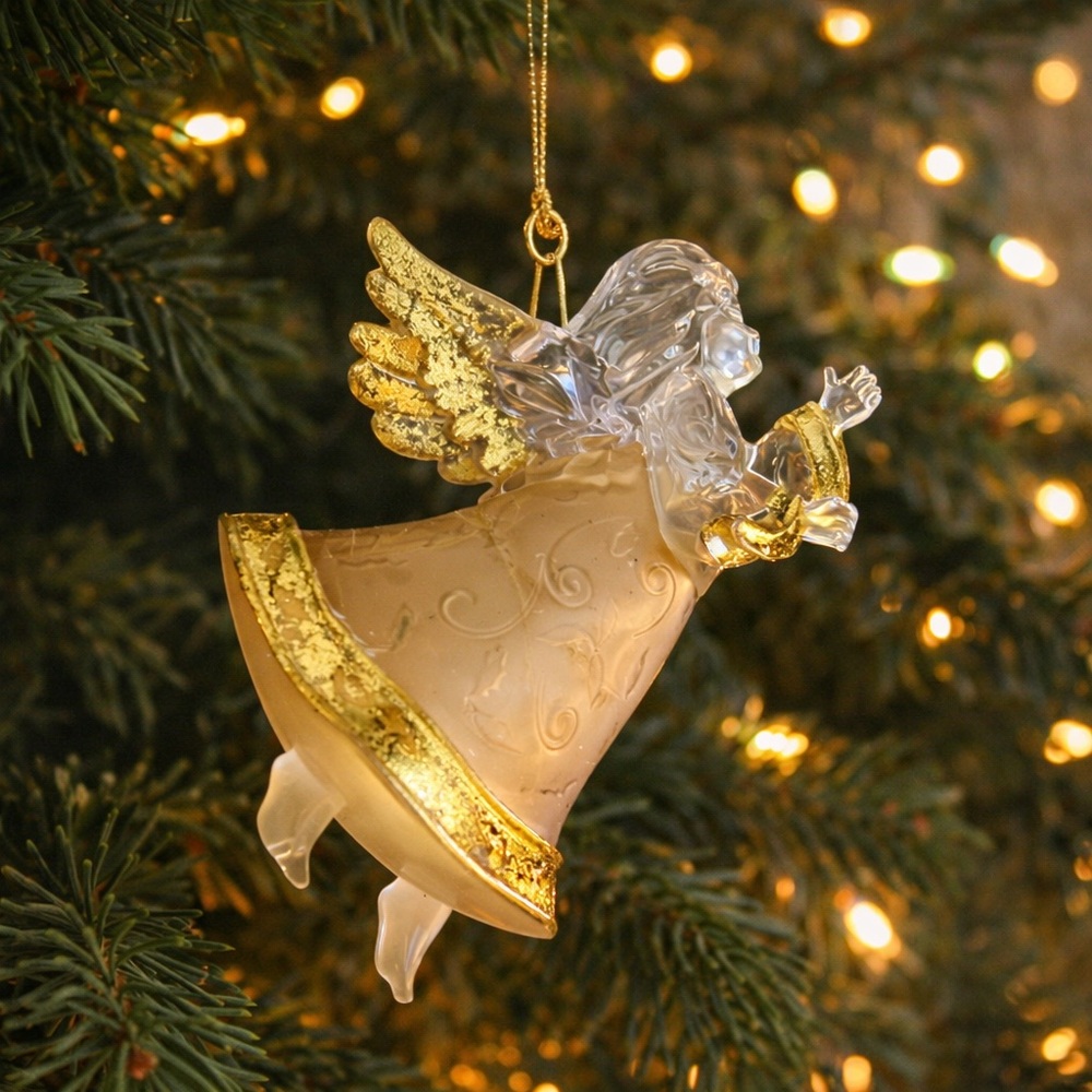Vintage Clear Acrylic Angel Ornament with Gold‎ Wings Christmas Decor
